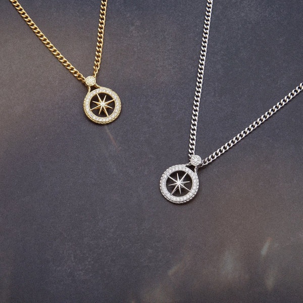 18K Gold Plated Titanium Steel Compass CZ Necklace