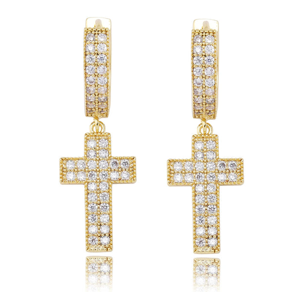 Cubic Zirconia Iced Cross Earrings - Gold & Silver Color, Copper Material